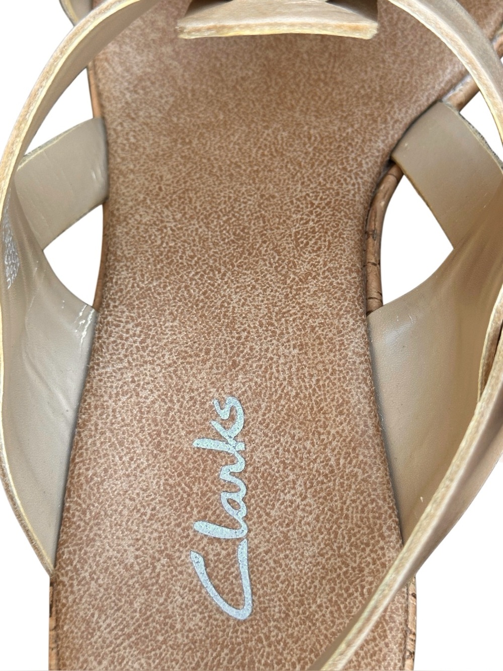 Clarks Leather Cork Wedge Sandals Beige Taupe Slingback Size 9M Minimalist - Picture 7 of 10